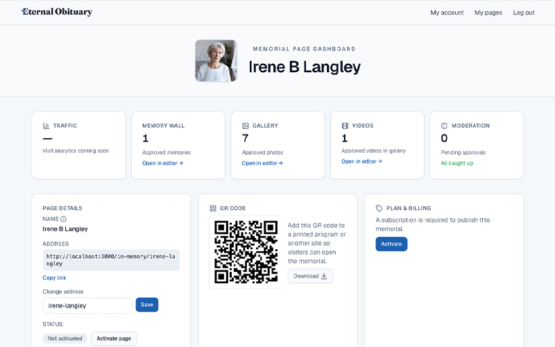Memorial page dashboard with sidebar navigation