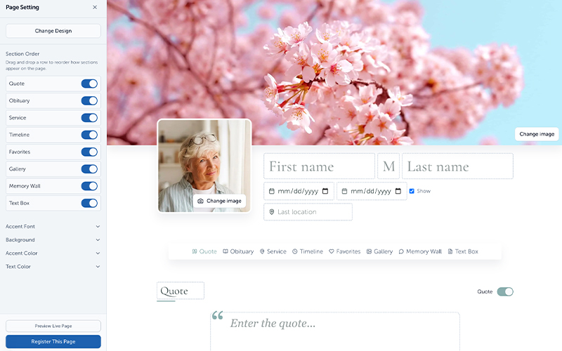 Editor screen with hero image and obituary fields